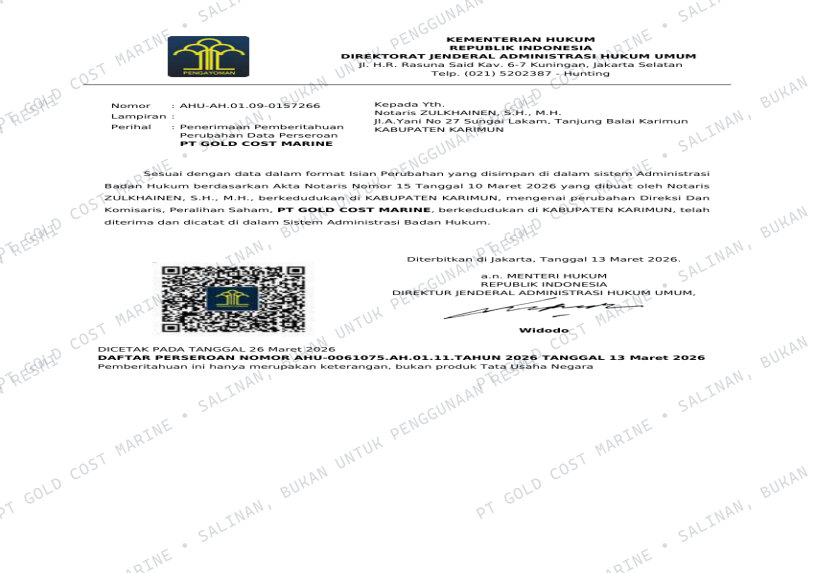 Scan SK Menteri Hukum dan HAM PT Gold Cost Marine